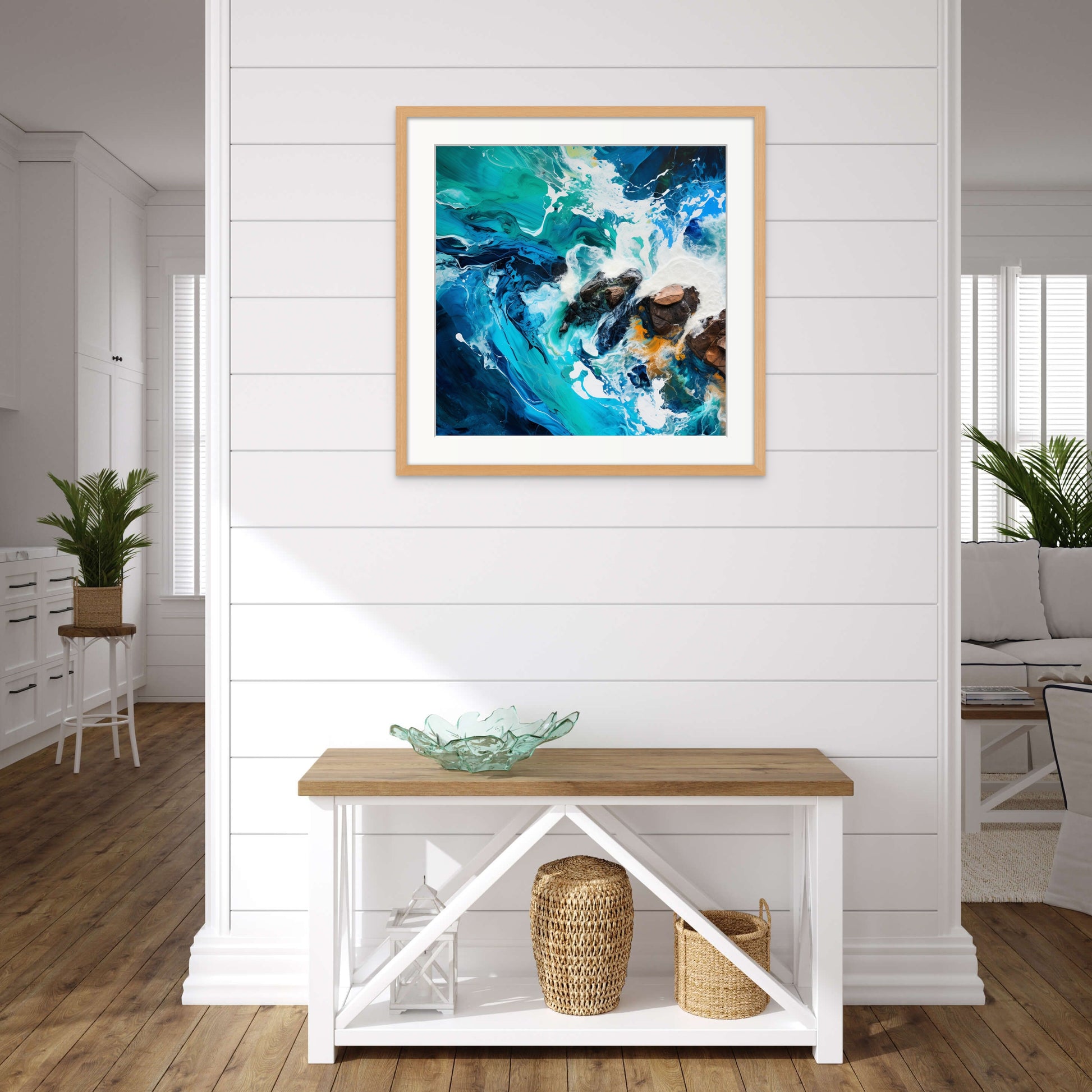 "Ocean Majesty" captures the raw beauty of nature's power, where turbulent seas meet rugged rocks in vivid blues and whites. This fine art print invites you to experience the awe-inspiring drama of the natural world from above. In this captivating artwork, the artist's brush conveys the dynamic energy of crashing waves and the enduring strength of rocky shores. 