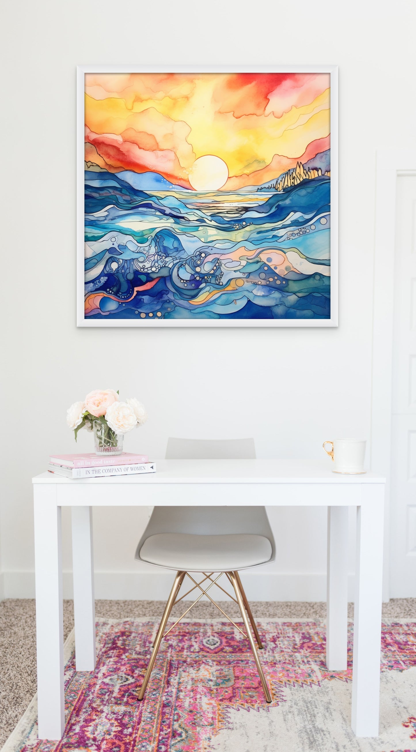 "Seaside Serenity" beckons you to a world where the mastery of ink and pen meets the breathtaking beauty of nature's grandeur. This fine art print captures the essence of a tranquil sunset over the sea, where bold strokes of ink coalesce into a symphony of colors, inviting you to embark on a visual journey. 