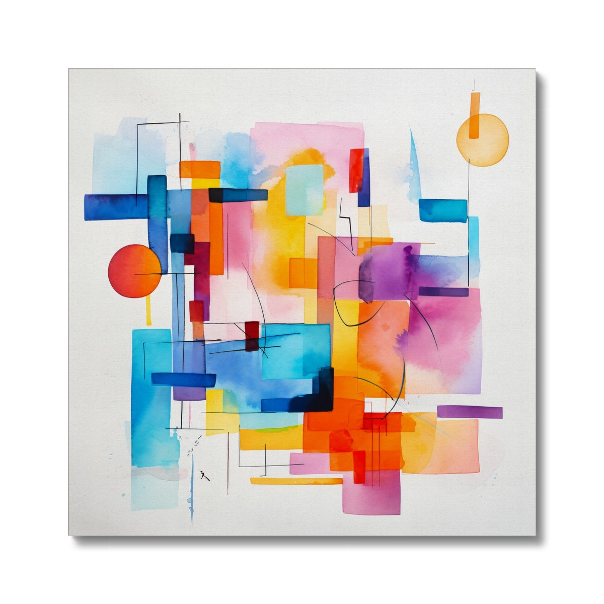 In this mesmerizing artwork, colored lines, squares, and circles converge and diverge, creating a dynamic and harmonious composition. The cubist-inspired style invites viewers to decipher the interplay between shapes and colors, offering a sense of intellectual depth and aesthetic pleasure.