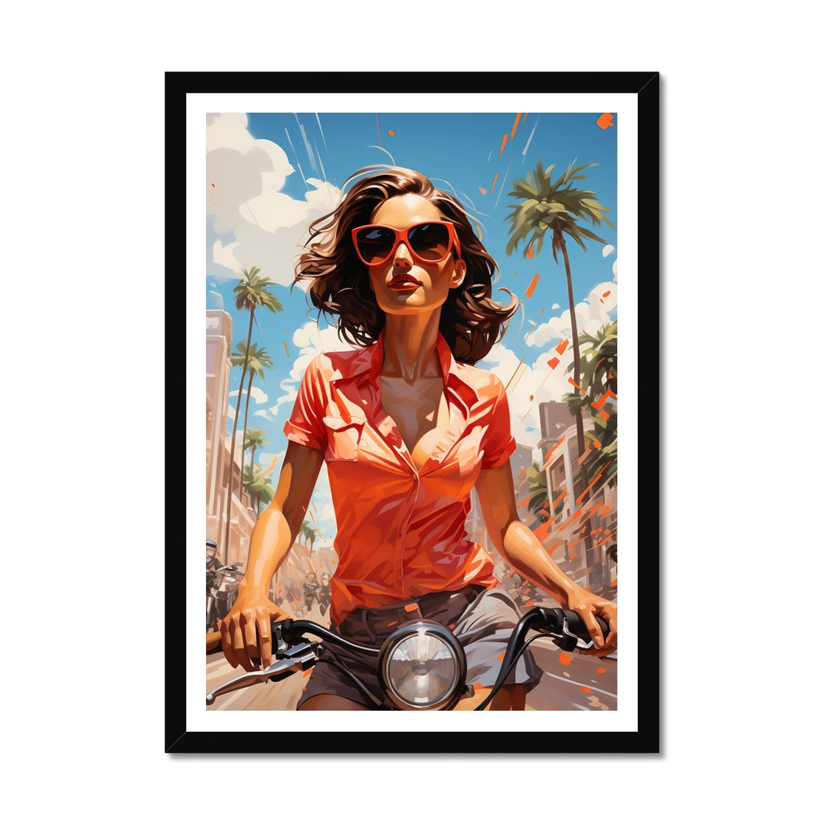  This captivating fine art print transports you to the sun-soaked streets of California, where a fearless cyclist weaves through the urban energy, framed by a whirlwind of colorful cars.&nbsp;In this dynamic artwork, the world is a blur of excitement, capturing the essence of living life to the fullest.&nbsp;The pop art-inspired style infuses the scene with a sense of optimism and vitality, reminding us that every journey is an adventure waiting to be embraced.