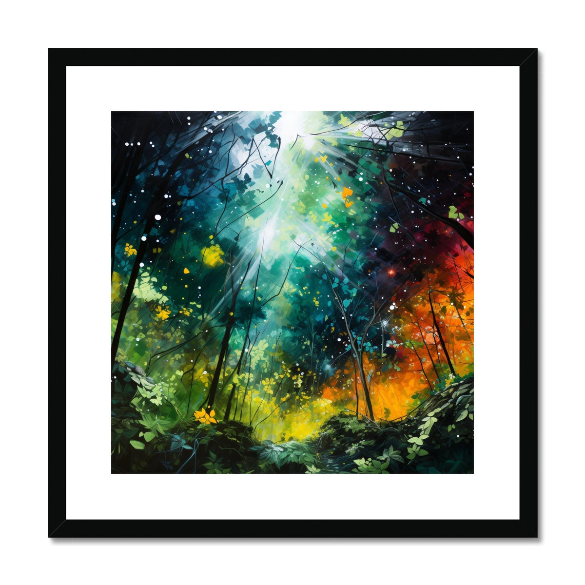 "Enchanted Canopy" invites you to embark on a journey to a realm of pure imagination and natural wonder. This fine art print captures the fantasy of gazing up at a dark green forest canopy adorned with rich, enchanting colors and radiant rays of light. In this captivating artwork, nature's beauty becomes a source of inspiration and awe.