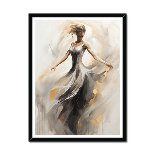 "Ethereal Dance of Grace" invites you to step into a world where movement becomes poetry and art transcends the boundaries of reality. This fine art print captures the enchanting elegance of a woman dancing, adorned in shades of grey and gold, where every brushstroke flows like a graceful choreography. In this captivating artwork, the dancer's ethereal form seems to transcend the earthly realm, as if guided by the very essence of grace itself.