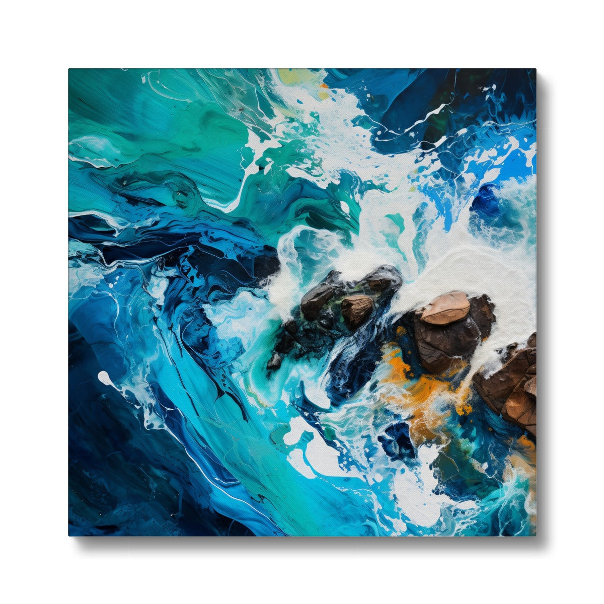 "Ocean Majesty" captures the raw beauty of nature's power, where turbulent seas meet rugged rocks in vivid blues and whites. This fine art print invites you to experience the awe-inspiring drama of the natural world from above. In this captivating artwork, the artist's brush conveys the dynamic energy of crashing waves and the enduring strength of rocky shores. 