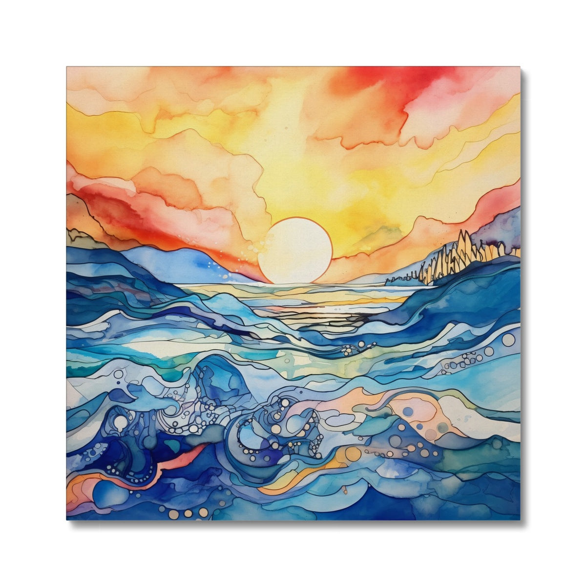 "Seaside Serenity" beckons you to a world where the mastery of ink and pen meets the breathtaking beauty of nature's grandeur. This fine art print captures the essence of a tranquil sunset over the sea, where bold strokes of ink coalesce into a symphony of colors, inviting you to embark on a visual journey. 